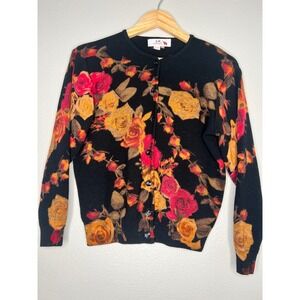 Xiangpai Vintage Floral Rose Print Wool Cardigan Sweater Black Red Small